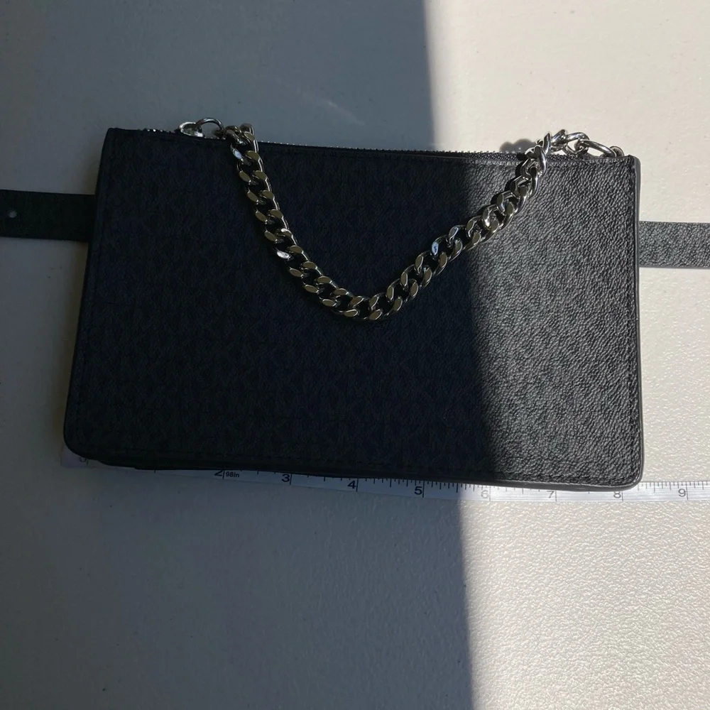 Michael Kors Black Logo Print Belt Bag Fanny Pack With Silver Pull Chain Small